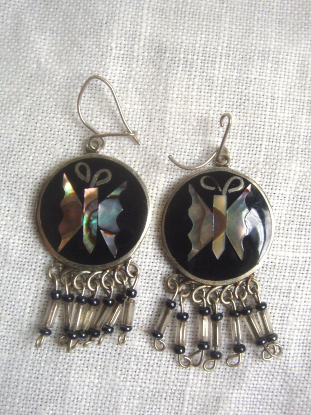 Vintage Alpaca Mexico Silver Abalone Butterfly Dangle Bead Fringe Earrings *FLAW - Picture 2 of 7